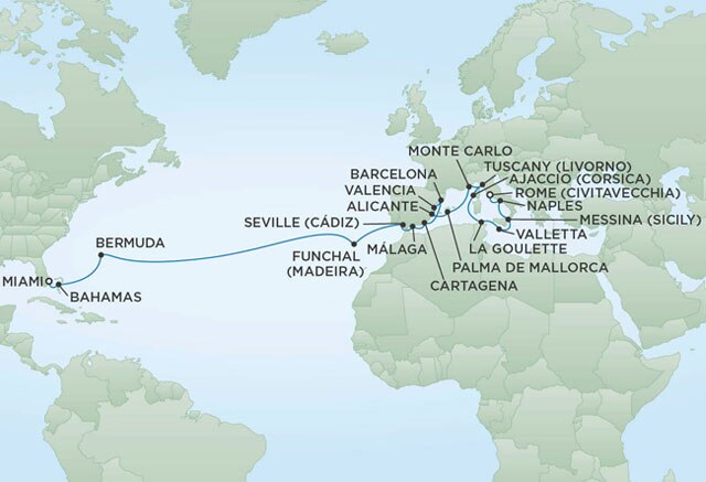 Regent Cruises | 30-Nights from Rome to Miami Cruise Iinerary Map