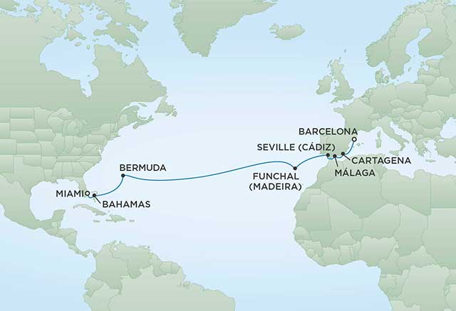 Regent Cruises | 16-Nights from Barcelona to Miami Cruise Iinerary Map