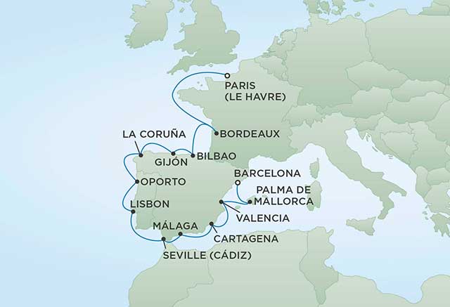 Regent Cruises | 16-Nights from Paris to Barcelona Cruise Iinerary Map