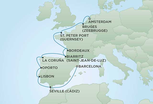 Regent Cruises | 12-Nights from Amsterdam to Barcelona Cruise Iinerary Map