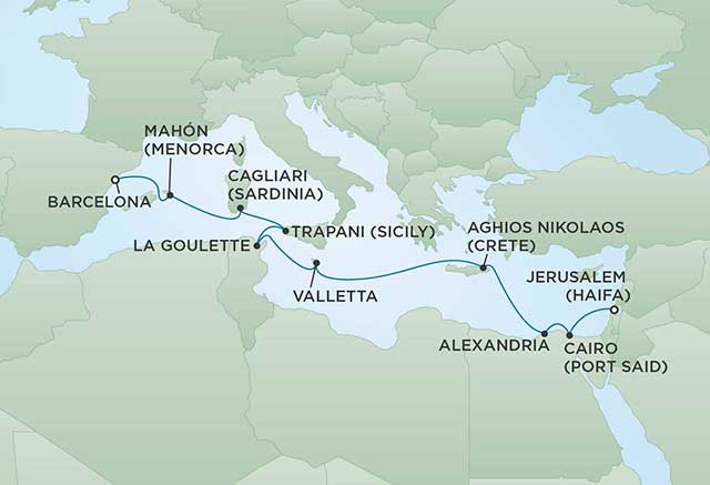 Regent Cruises | 13-Nights from Jerusalem to Barcelona Cruise Iinerary Map
