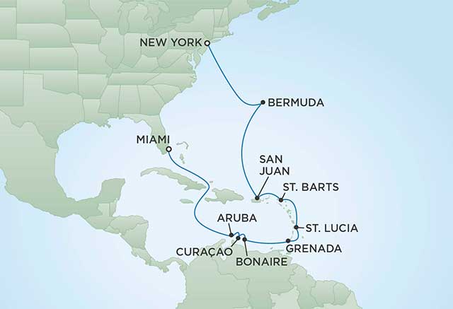 Regent Cruises | 16-Nights from Miami to New York Cruise Iinerary Map