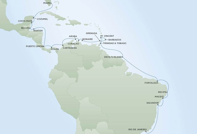 Regent Cruises | 30-Nights from Miami to Rio de Janeiro Cruise Iinerary Map