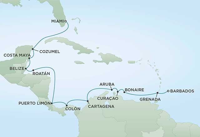Regent Cruises | 16-Nights from Miami to Bridgetown Cruise Iinerary Map