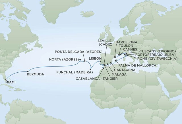 Regent Cruises | 28-Nights from Miami to Barcelona Cruise Iinerary Map