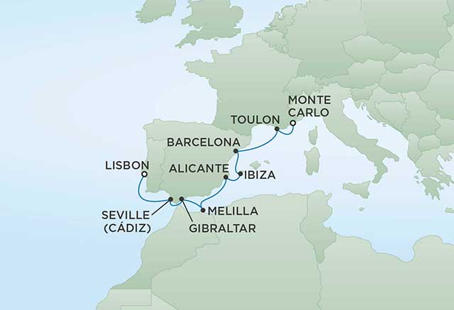 Regent Cruises | 10-Nights from Lisbon to Monte-Carlo Cruise Iinerary Map