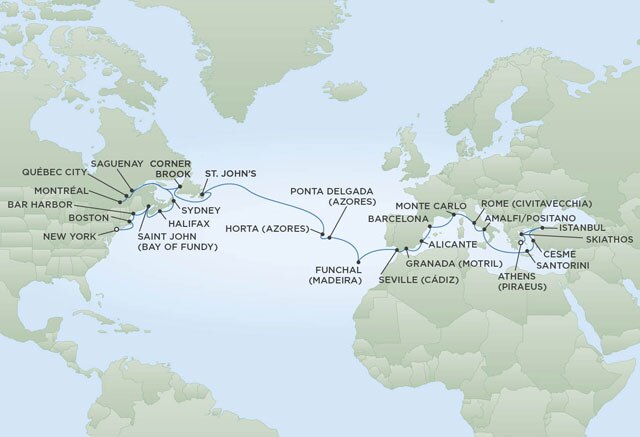 Regent Cruises | 39-Nights from Athens to New York Cruise Iinerary Map