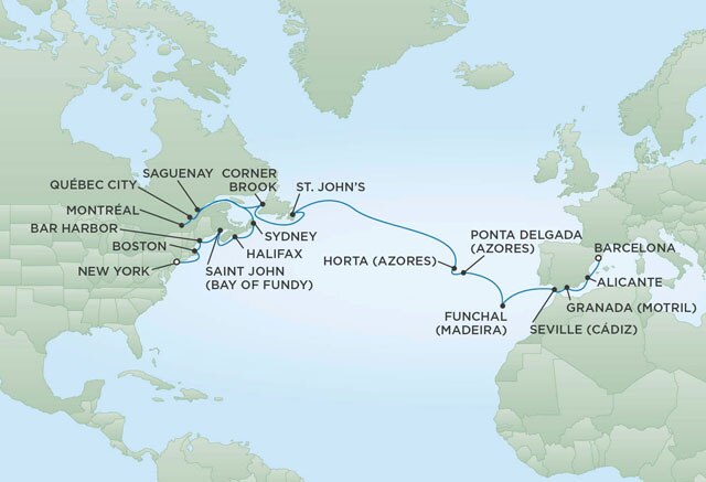 Regent Cruises | 27-Nights from Barcelona to New York Cruise Iinerary Map