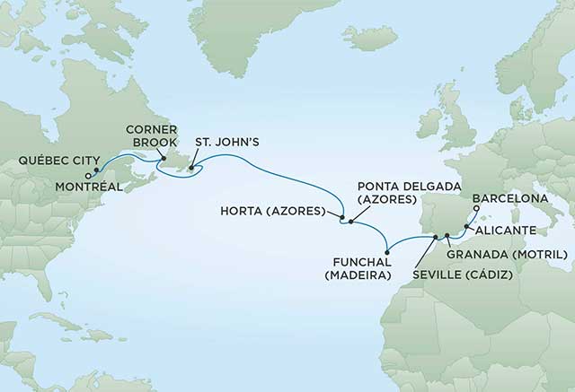 Regent Cruises | 16-Nights from Barcelona to Montreal Cruise Iinerary Map