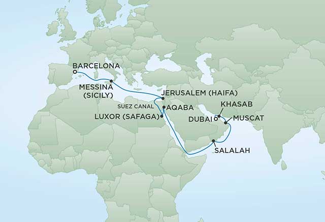 Regent Cruises | 21-Nights from Barcelona to Dubai Cruise Iinerary Map