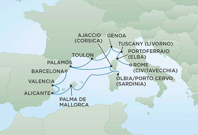 Regent Cruises | 12-Nights from Rome to Barcelona Cruise Iinerary Map