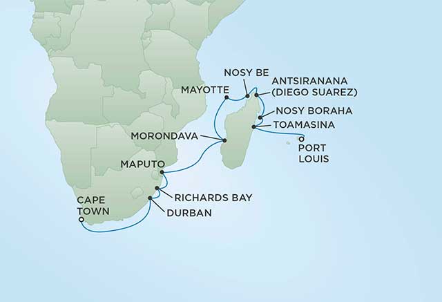 Regent Cruises | 16-Nights from Cape Town to Port Louis Cruise Iinerary Map