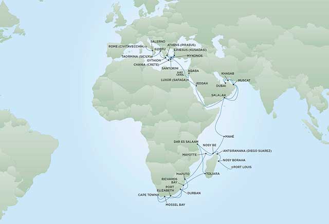 Regent Cruises | 64-Nights from Port Louis to Rome Cruise Iinerary Map
