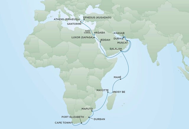 Regent Cruises | 38-Nights from Cape Town to Athens Cruise Iinerary Map