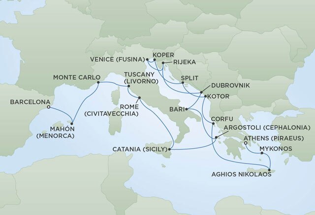 Regent Cruises | 22-Nights from Athens to Barcelona Cruise Iinerary Map